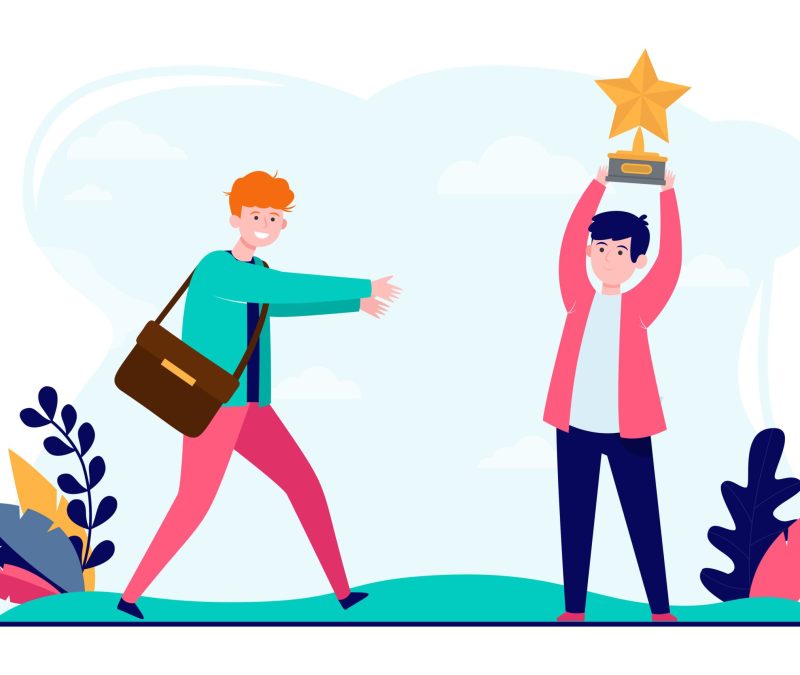 Young guys with star award. Winning, achievement, challenge flat vector illustration. Lifestyle and success concept for banner, website design or landing web page